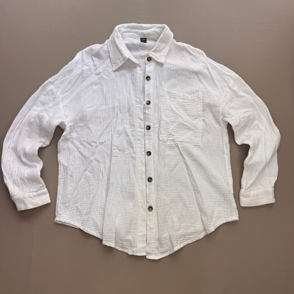 Shein White Gauze Button Down Shirt Long Sleeve Textured Pocket Top Womens Med